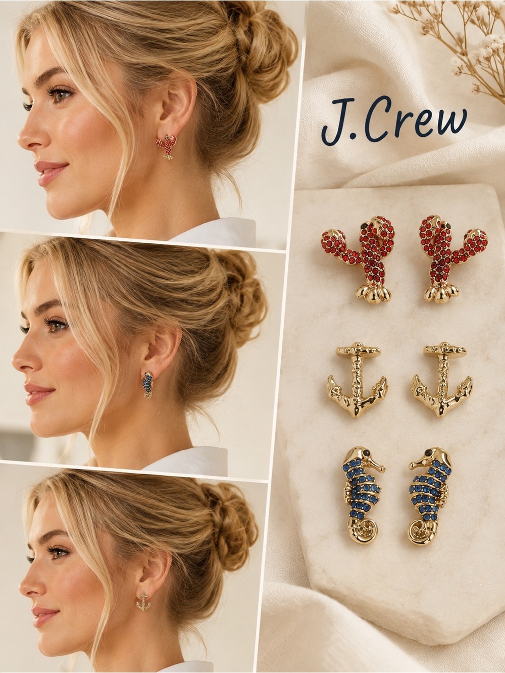 J. Crew Gold-Tone Seahorse, Lobster & Anchor Stud Earring Set - Red, Blue, Gold